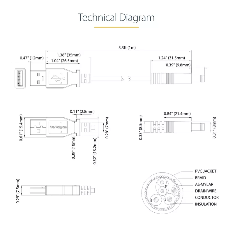 StarTech.com USB auf 5,5 mm Stromkabel – Typ N Hohlstecker – 1 m, 1 m, USB A, Hohlstecker Typ N