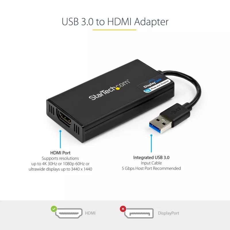 StarTech.com USB 3.0 auf HDMI Adapter - 4K 30Hz Ultra HD - DisplayLink zertifiziert - USB Typ-A auf HDMI Display Adapter Konverter für Monitor - Externe Video & Grafikkarte - Mac & Windows