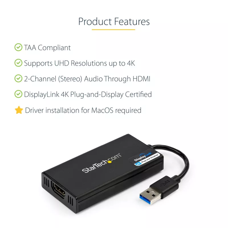 StarTech.com USB 3.0 auf HDMI Adapter - 4K 30Hz Ultra HD - DisplayLink zertifiziert - USB Typ-A auf HDMI Display Adapter Konverter für Monitor - Externe Video & Grafikkarte - Mac & Windows