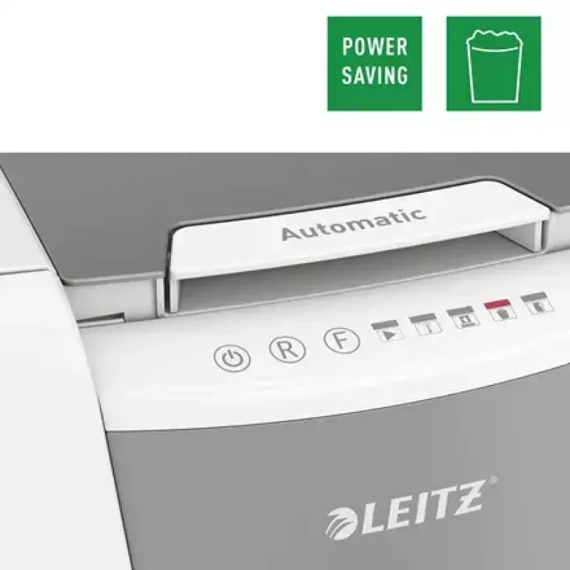 Aktenvernichter LEITZ IQ Autofeed Small Office 100, Kreuzschnitt P-4, 8 Blatt, 22 cm Einzug, 34 L Behälter, grau