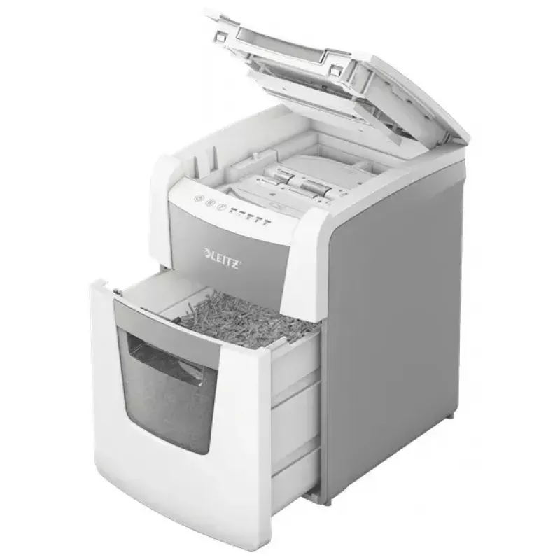 Aktenvernichter LEITZ IQ Autofeed Small Office 100, Kreuzschnitt P-4, 8 Blatt, 22 cm Einzug, 34 L Behälter, grau