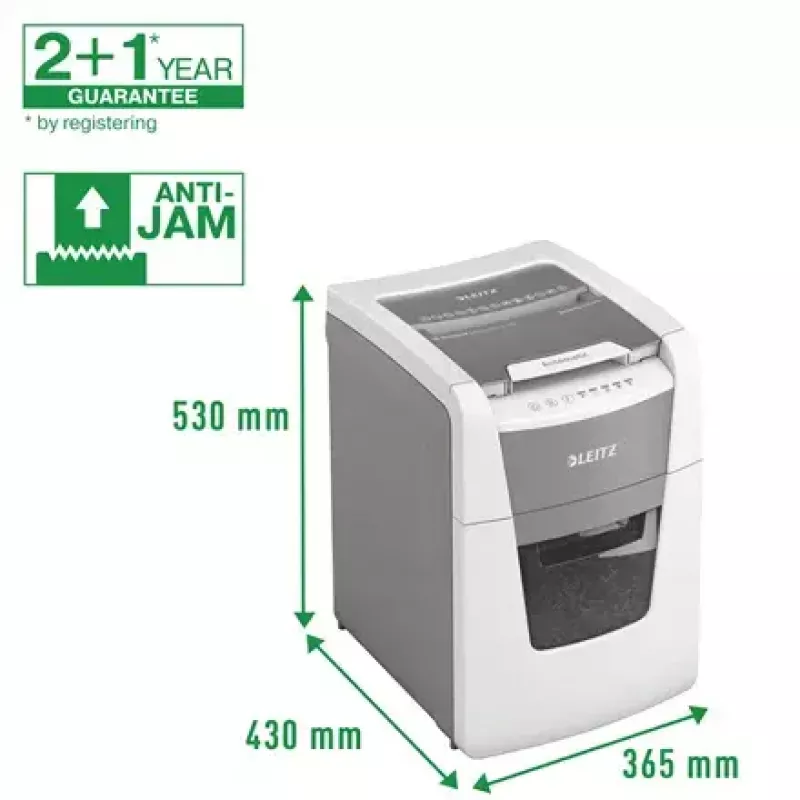 Aktenvernichter LEITZ IQ Autofeed Small Office 100, Kreuzschnitt P-4, 8 Blatt, 22 cm Einzug, 34 L Behälter, grau