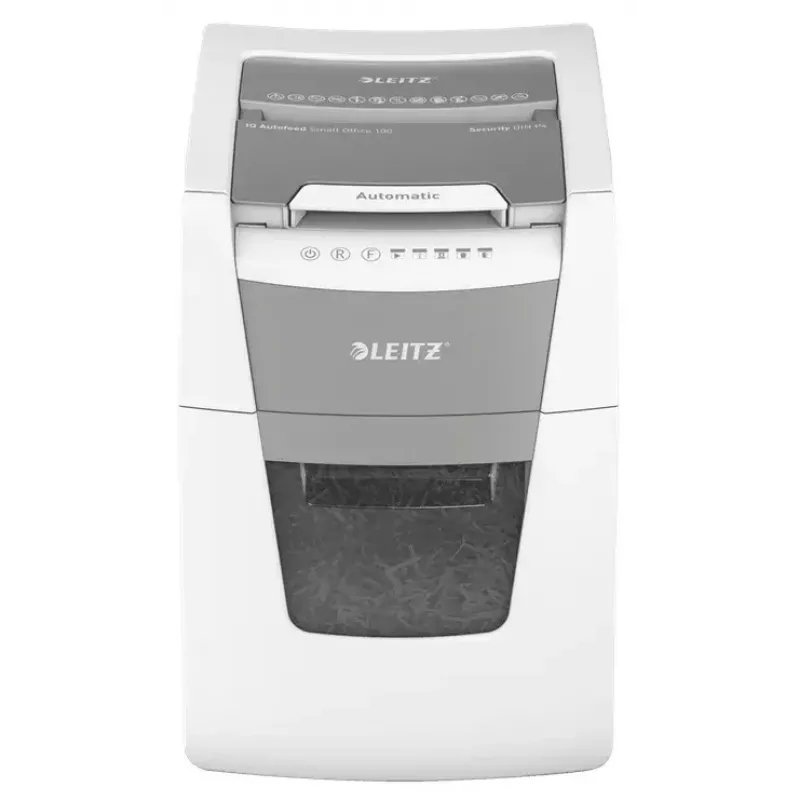 Aktenvernichter LEITZ IQ Autofeed Small Office 100, Kreuzschnitt P-4, 8 Blatt, 22 cm Einzug, 34 L Behälter, grau