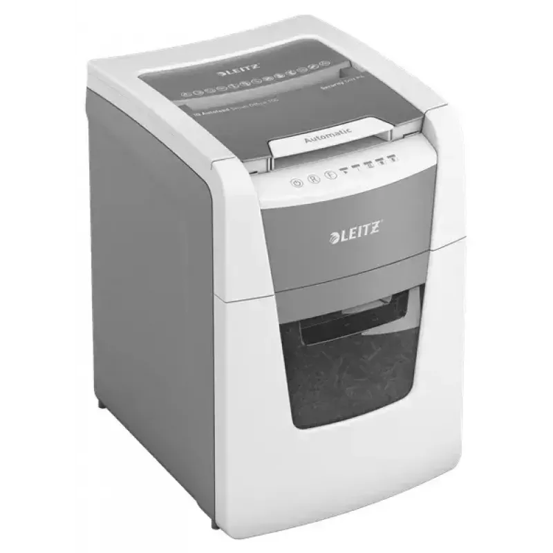 Aktenvernichter LEITZ IQ Autofeed Small Office 100, Kreuzschnitt P-4, 8 Blatt, 22 cm Einzug, 34 L Behälter, grau