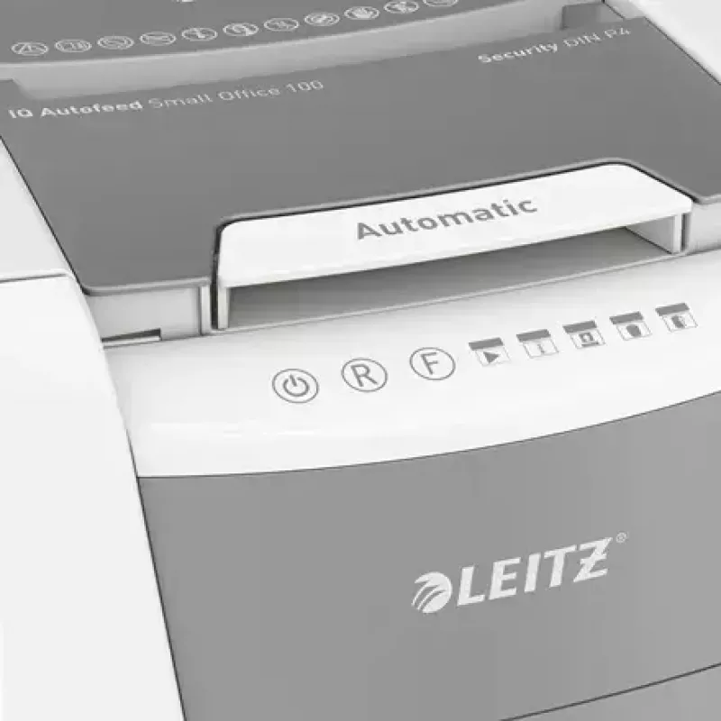 Aktenvernichter LEITZ IQ Autofeed Small Office 100, Kreuzschnitt P-4, 8 Blatt, 22 cm Einzug, 34 L Behälter, grau
