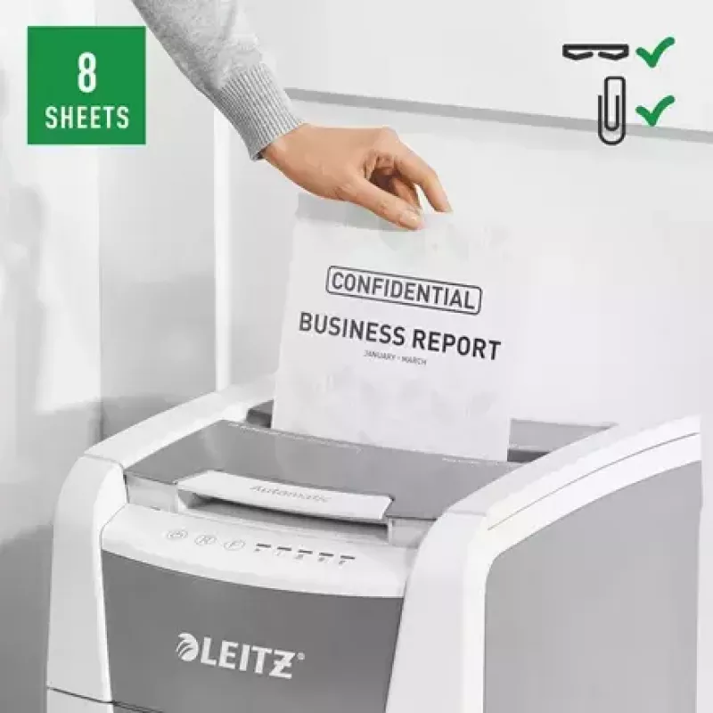 Aktenvernichter LEITZ IQ Autofeed Small Office 100, Kreuzschnitt P-4, 8 Blatt, 22 cm Einzug, 34 L Behälter, grau