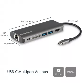 StarTech.com USB-C-Multiport-Adapter, tragbarer USB-C-Dock auf 4K HDMI, 2-fach USB 3.0 Hub, SD/SDHC, GbE, 60W PD Pass-Through – USB Type-C/Thunderbolt 3 – ERSETZT DURCH DKT30CHSDPD1