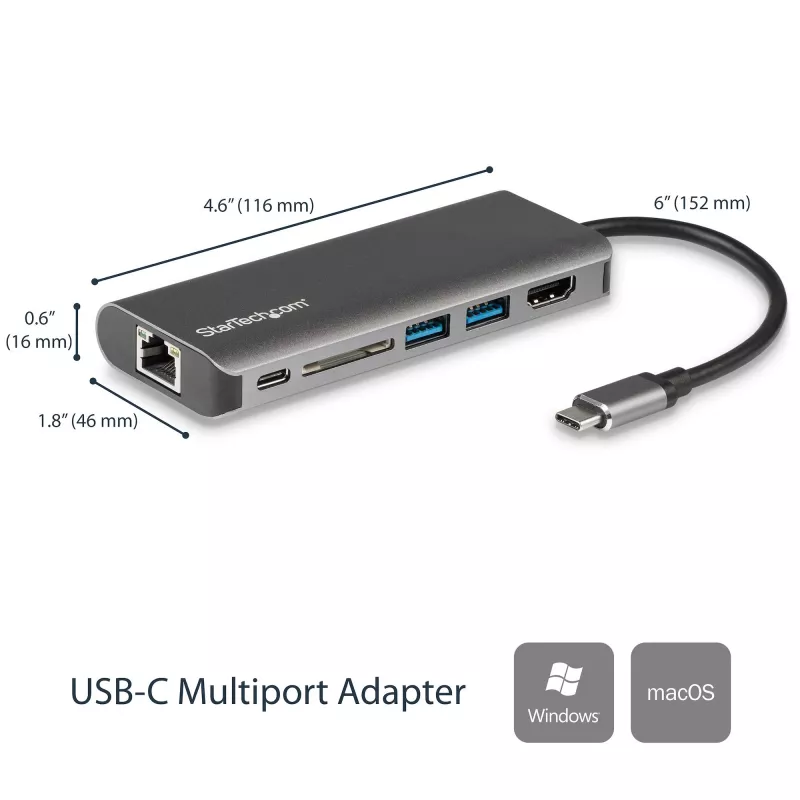 StarTech.com USB-C-Multiport-Adapter, tragbarer USB-C-Dock auf 4K HDMI, 2-fach USB 3.0 Hub, SD/SDHC, GbE, 60W PD Pass-Through – USB Type-C/Thunderbolt 3 – ERSETZT DURCH DKT30CHSDPD1