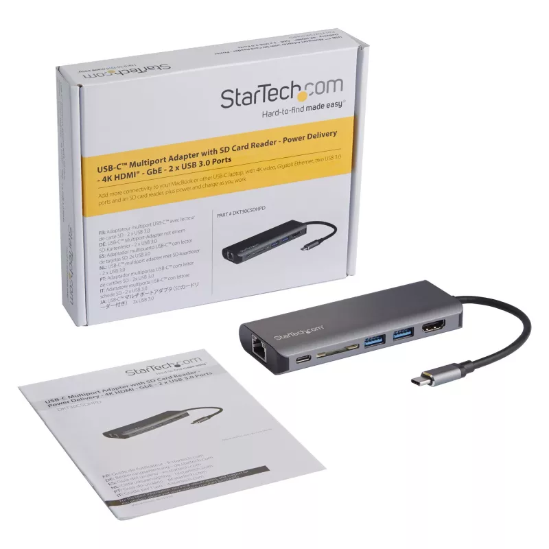StarTech.com USB-C-Multiport-Adapter, tragbarer USB-C-Dock auf 4K HDMI, 2-fach USB 3.0 Hub, SD/SDHC, GbE, 60W PD Pass-Through – USB Type-C/Thunderbolt 3 – ERSETZT DURCH DKT30CHSDPD1