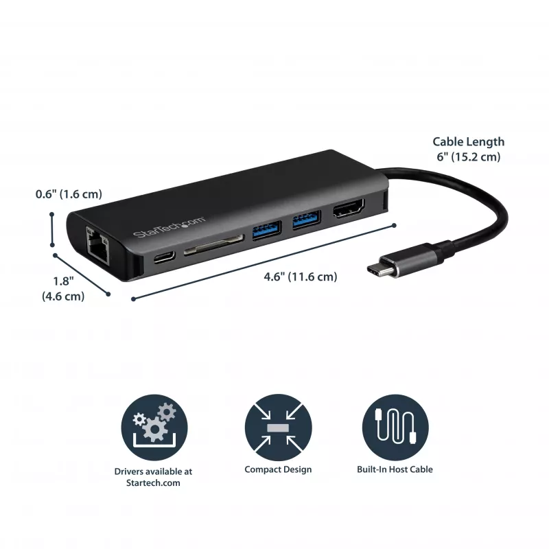 StarTech.com USB-C-Multiport-Adapter, tragbarer USB-C-Dock auf 4K HDMI, 2-fach USB 3.0 Hub, SD/SDHC, GbE, 60W PD Pass-Through – USB Type-C/Thunderbolt 3 – ERSETZT DURCH DKT30CHSDPD1
