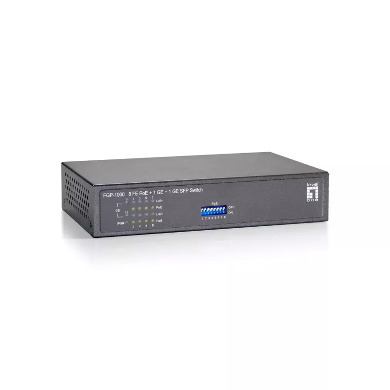 LevelOne 10-Port Fast Ethernet PoE Switch, 1 x Gigabit RJ45, 1 x Gigabit SFP, 8 PoE-Ausgänge, 90 W