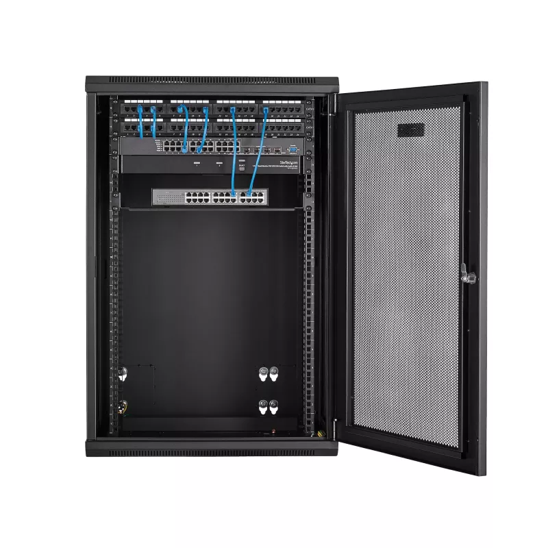 StarTech.com 4-Post 18U Wandmontage Netzwerkschrank mit 1U Ablage, 19 Zoll klappbarer wandmontierter Serverschrank für Daten/AV/Elektronik/Computerausrüstung, flexibles belüftetes Rackgehäuse