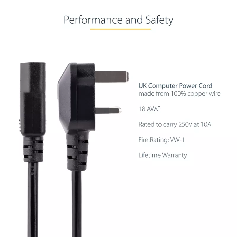 StarTech.com 10ft (3m) UK Computer-Netzkabel, 18AWG, BS 1363 auf C13, 10A 250V, Schwarzes Ersatz-AC-Netzkabel, Kaltgerätekabel / UK-Netzkabel, PC-Netzteil-Kabel, TV-/Monitor-Netzkabel