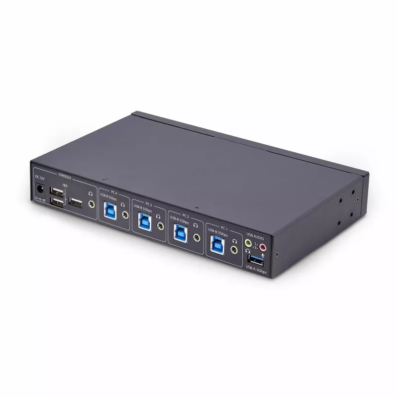 StarTech.com 4-Port KM Switch mit Mausumschaltung, USB-Switch für Tastatur/Maus, 3,5mm/USB Audio, Peripherie-Sharing für 4 Computer, TAA-konform