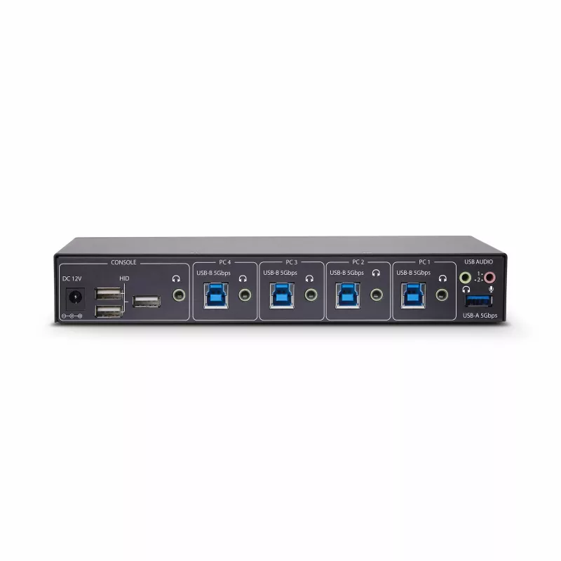 StarTech.com 4-Port KM Switch mit Mausumschaltung, USB-Switch für Tastatur/Maus, 3,5mm/USB Audio, Peripherie-Sharing für 4 Computer, TAA-konform