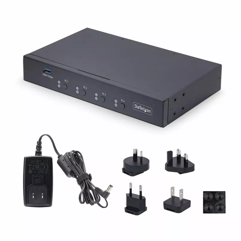 StarTech.com 4-Port KM Switch mit Mausumschaltung, USB-Switch für Tastatur/Maus, 3,5mm/USB Audio, Peripherie-Sharing für 4 Computer, TAA-konform