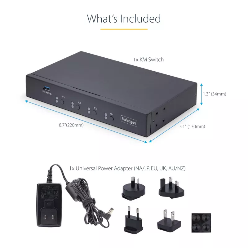 StarTech.com 4-Port KM Switch mit Mausumschaltung, USB-Switch für Tastatur/Maus, 3,5mm/USB Audio, Peripherie-Sharing für 4 Computer, TAA-konform