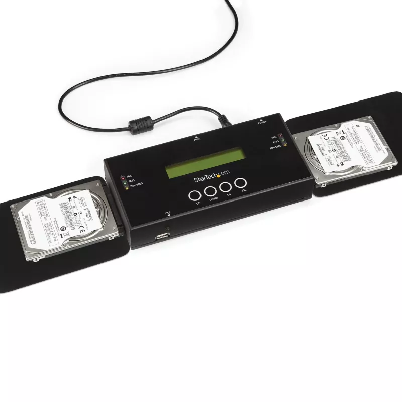 StarTech.com 1:1 Standalone-Festplatten-Duplizierer und -Löscher, SAS- und SATA-HDD/SSD-Kloner/Kopierer, Festplatten-Duplizierer und -Sanitisierer, LCD-Anzeige, TAA-konform