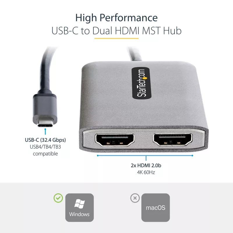 StarTech.com USB-C auf Dual HDMI MST HUB - Dual HDMI 4K 60Hz - USB Typ C Multi-Monitor-Adapter für Laptop mit 30cm Kabel - DP 1.4 Multi-Stream Transport Hub - USB-C auf HDMI Splitter