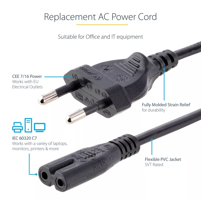 StarTech.com 1m (3ft) Laptop-Netzkabel, EU-Stecker auf C7, 2,5A 250V, 18AWG, Laptop-Ersatzkabel, Drucker-Netzkabel, Laptop-Ladekabel, Laptop-Netzteilkabel – UL-gelistet