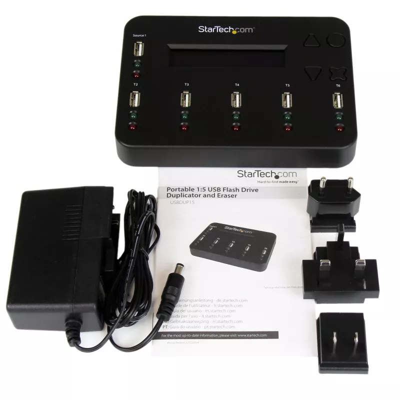 StarTech.com Standalone 1-auf-5 USB-Stick-Duplikator und -Löscher, Multi-USB-Flash-Laufwerk-Kopierer, System- und Datei- sowie Ganzlaufwerkskopie mit 1,5 GB/min, Einzel- und 3-Pass-Löschung, LCD-Anzeige – TAA