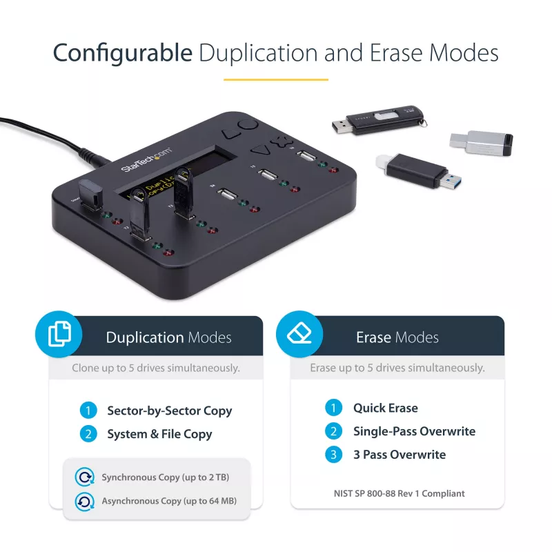 StarTech.com Standalone 1-auf-5 USB-Stick-Duplikator und -Löscher, Multi-USB-Flash-Laufwerk-Kopierer, System- und Datei- sowie Ganzlaufwerkskopie mit 1,5 GB/min, Einzel- und 3-Pass-Löschung, LCD-Anzeige – TAA
