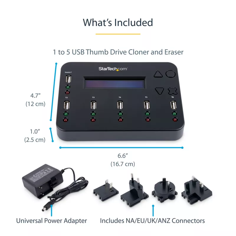 StarTech.com Standalone 1-auf-5 USB-Stick-Duplikator und -Löscher, Multi-USB-Flash-Laufwerk-Kopierer, System- und Datei- sowie Ganzlaufwerkskopie mit 1,5 GB/min, Einzel- und 3-Pass-Löschung, LCD-Anzeige – TAA