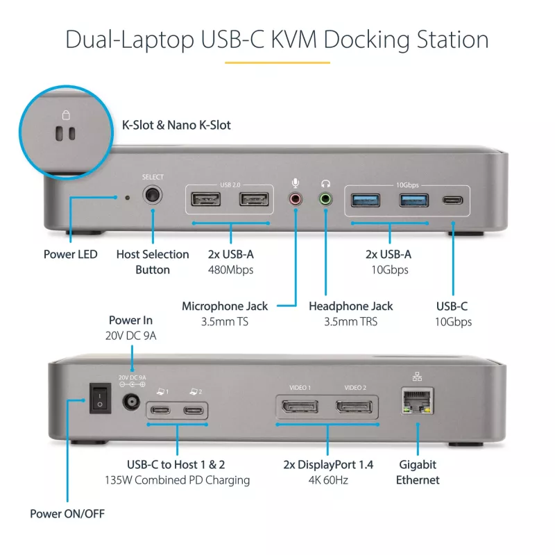 StarTech.com Dual-Laptop USB-C KVM-Dockingstation, Dual-Monitor 4K 60Hz DisplayPort-Dock, 5-Port USB-Hub, GbE, 90W/45W Power Delivery an zwei Laptops, Windows/Mac, 2-Host KVM-Dock - TAA