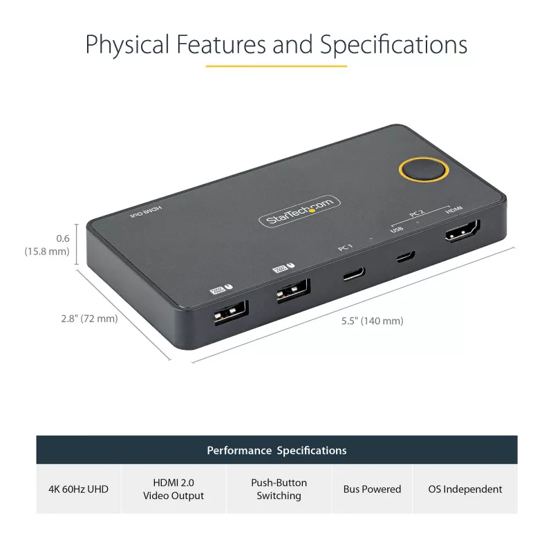 StarTech.com 2-Port Hybrid USB-A + HDMI & USB-C KVM-Switch - Einzelner 4K 60Hz HDMI 2.0 Monitor - Kompakter Desktop- und/oder Laptop-HDMI-KVM-Switch - USB-Bus-betrieben - Thunderbolt 3 kompatibel