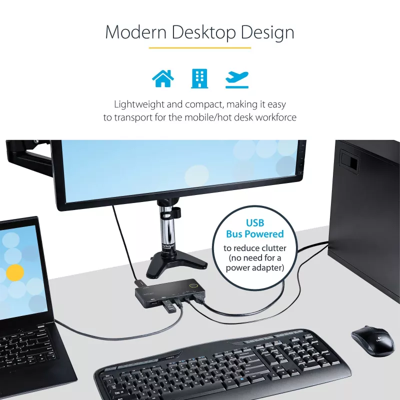 StarTech.com 2-Port Hybrid USB-A + HDMI & USB-C KVM-Switch - Einzelner 4K 60Hz HDMI 2.0 Monitor - Kompakter Desktop- und/oder Laptop-HDMI-KVM-Switch - USB-Bus-betrieben - Thunderbolt 3 kompatibel