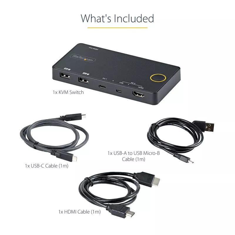 StarTech.com 2-Port Hybrid USB-A + HDMI & USB-C KVM-Switch - Einzelner 4K 60Hz HDMI 2.0 Monitor - Kompakter Desktop- und/oder Laptop-HDMI-KVM-Switch - USB-Bus-betrieben - Thunderbolt 3 kompatibel