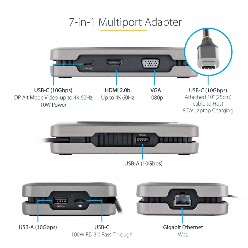StarTech.com USB-C Dual-Monitor-Multiport-Adapter bis zu 4K 60Hz USB-C DP Alt Mode Videoausgang & HDMI 2.0, oder 1080p VGA, 100W PD Pass-Through, USB Typ-C Mini-Dock, USB-C Dockingstation, MST-Hub