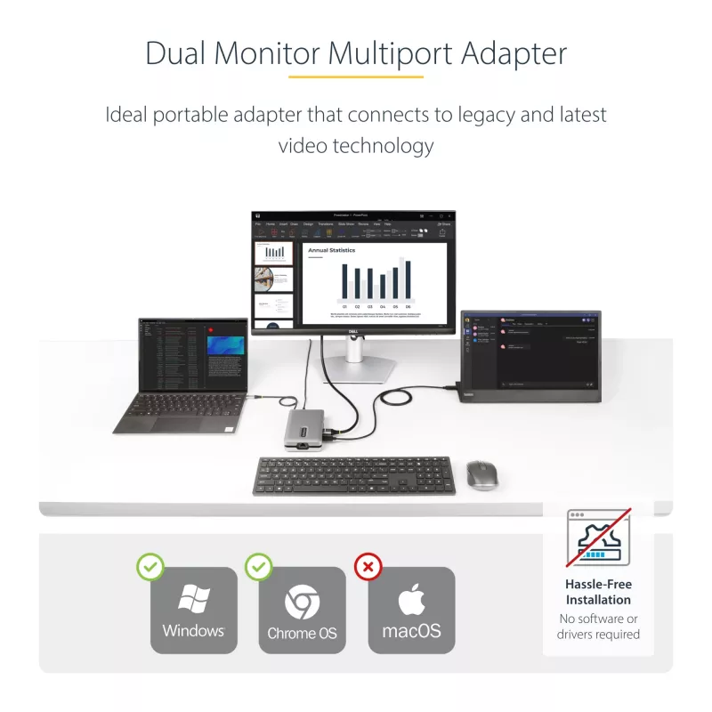StarTech.com USB-C Dual-Monitor-Multiport-Adapter bis zu 4K 60Hz USB-C DP Alt Mode Videoausgang & HDMI 2.0, oder 1080p VGA, 100W PD Pass-Through, USB Typ-C Mini-Dock, USB-C Dockingstation, MST-Hub