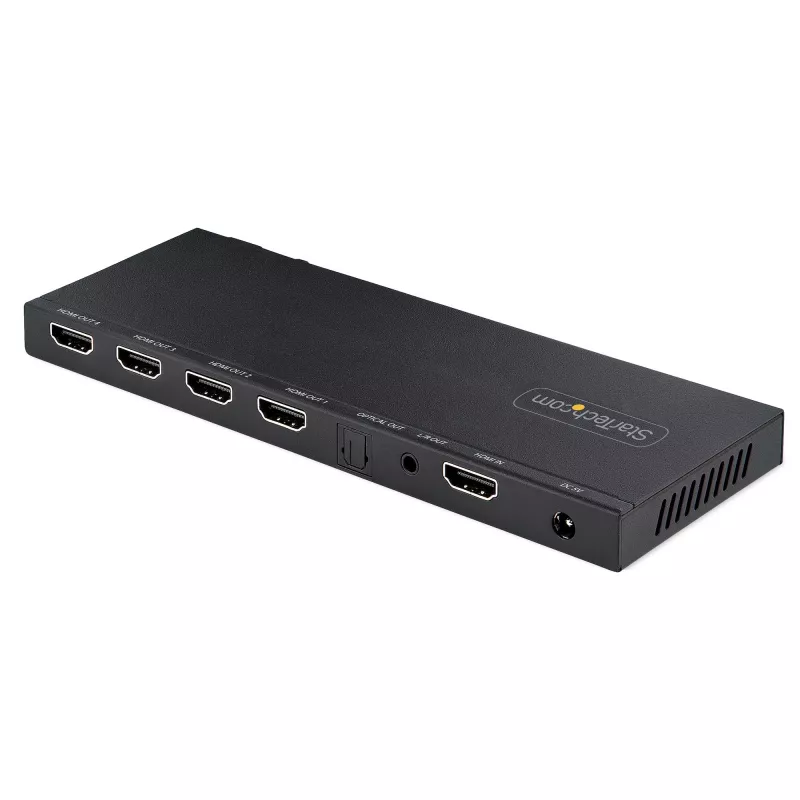 StarTech.com 4-Port HDMI-Splitter, 4K 60Hz HDMI 2.0 Video, 4K HDMI-Splitter mit integriertem Scaler, HDMI-Splitter 1 In 4 Out, 3,5 mm/optischer Audioanschluss, HDMI Anzeige/Ausgangssplitter