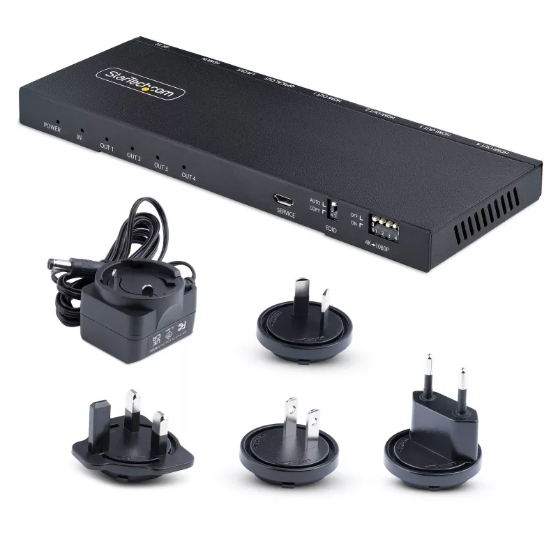 StarTech.com 4-Port HDMI-Splitter, 4K 60Hz HDMI 2.0 Video, 4K HDMI-Splitter mit integriertem Scaler, HDMI-Splitter 1 In 4 Out, 3,5 mm/optischer Audioanschluss, HDMI Anzeige/Ausgangssplitter