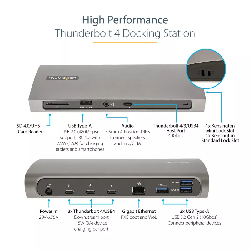 StarTech.com Thunderbolt 4 Dock, 96W Power Delivery, Einzel 8K/Dual Monitor 4K 60Hz, 3xTB4/USB4 Anschlüsse, 4xUSB-A, SD, GbE, Thunderbolt 4 Dockingstation für Windows oder TB3 MacBook, 0,8m Kabel