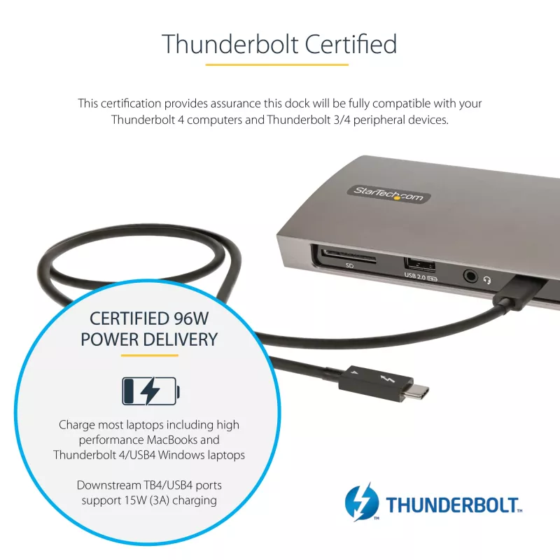 StarTech.com Thunderbolt 4 Dock, 96W Power Delivery, Einzel 8K/Dual Monitor 4K 60Hz, 3xTB4/USB4 Anschlüsse, 4xUSB-A, SD, GbE, Thunderbolt 4 Dockingstation für Windows oder TB3 MacBook, 0,8m Kabel