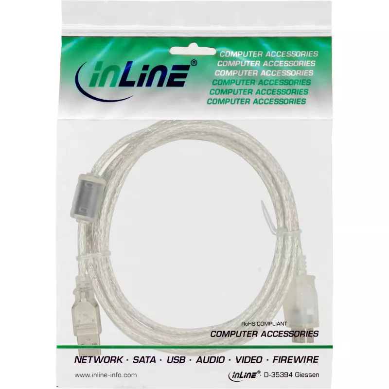 InLine USB 2.0 Verlängerungskabel Typ A M/F, transparent, mit Ferrit, 3m