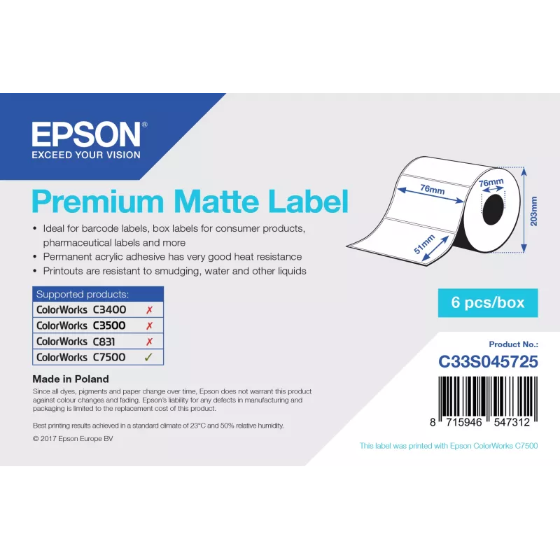 Epson Premium Matte Label - Die-Cut-Rolle: 76 mm x 51 mm, 2310 Etiketten