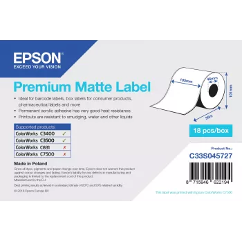 Epson Premium Matt Etikett - Endlosrolle: 105 mm x 35 m, Weiß, Selbstklebendes Druckeretikett, Endlosetikett, Acryl, Permanent, Matt