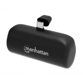 Manhattan Powerbank mit integriertem USB-C-Stecker, 5000 mAh, bis zu 10 W Ausgangsleistung, Aufstellständer zur Nutzung als Lade-Handyhalterung, Schwarz, Ein Jahr Garantie