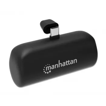 Manhattan Powerbank mit integriertem USB-C-Stecker, 5000 mAh, bis zu 10 W Ausgangsleistung, Aufstellständer zur Nutzung als Lade-Handyhalterung, Schwarz, Ein Jahr Garantie