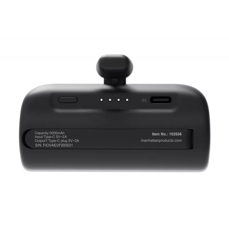 Manhattan Powerbank mit integriertem USB-C-Stecker, 5000 mAh, bis zu 10 W Ausgangsleistung, Aufstellständer zur Nutzung als Lade-Handyhalterung, Schwarz, Ein Jahr Garantie