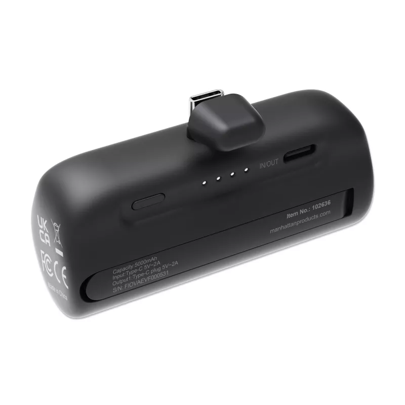Manhattan Powerbank mit integriertem USB-C-Stecker, 5000 mAh, bis zu 10 W Ausgangsleistung, Aufstellständer zur Nutzung als Lade-Handyhalterung, Schwarz, Ein Jahr Garantie