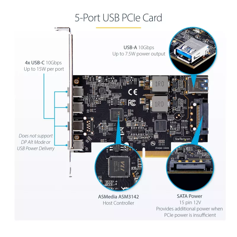 StarTech.com 5-Port USB PCIe-Karte, USB 3.2 10 Gbit/s, PCI Express-Karte mit 4x USB-C-Anschlüssen, 1x interner USB-A-Anschluss, USB PCIe-Controller-Karte, Windows/macOS/Linux
