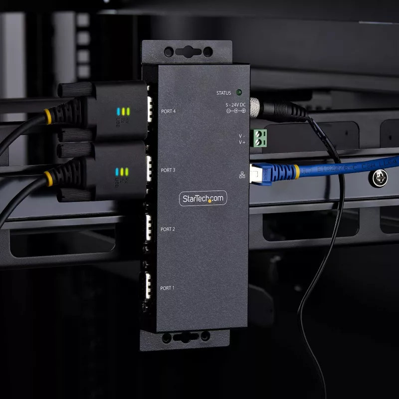 StarTech.com 4-Port Serial zu Ethernet Adapter, IP Serieller Geräteserver für entfernte RS232-Geräte, wand-/hutschienenmontierbar, Metallgehäuse, RJ45 LAN zu DB9 Seriell-Konverter