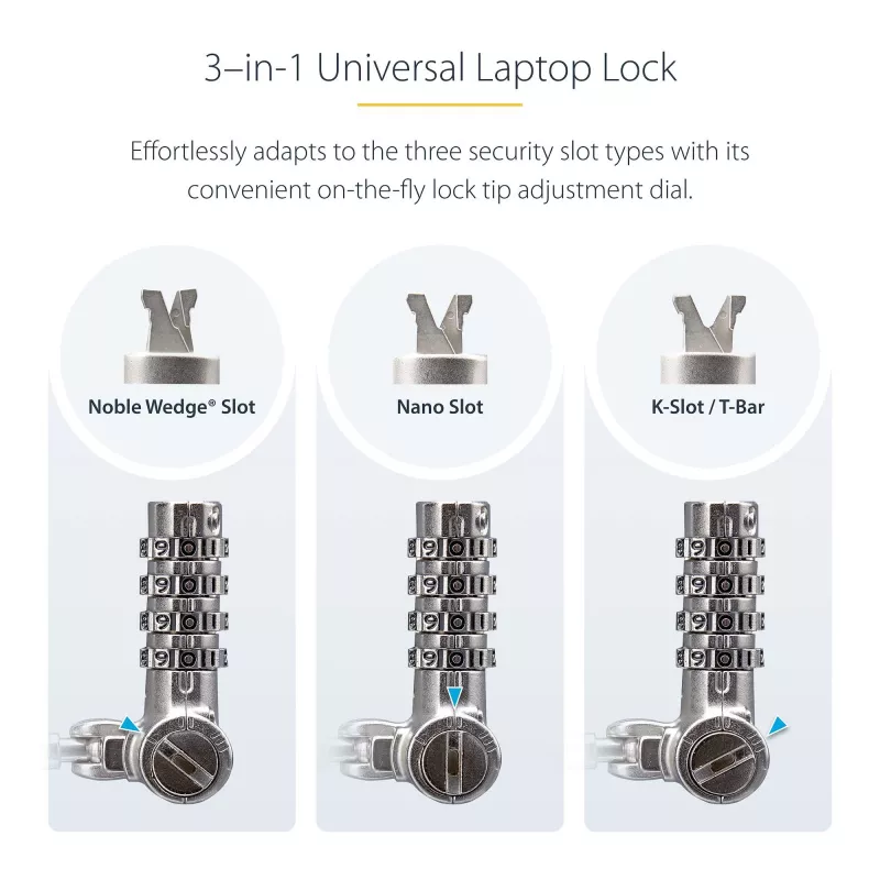 StarTech.com Universelles Laptop-Kabelschloss 2 m, serialisiertes Sicherheitskabel für Notebooks, kompatibel mit Noble Wedge®/Nano/K-Slot; schlüsselloses Kombinationskabel, TAA