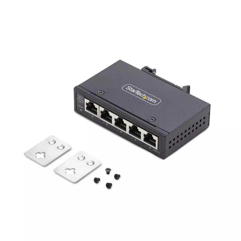 StarTech.com 5-Port Unmanaged Industrial Network Switch, 100/1000 Ethernet, DIN-Schienen-/Wandmontage, Robustes IP30 Gigabit Switch, -40 °F bis 167 °F, 9–60 V DC, TAA-konform