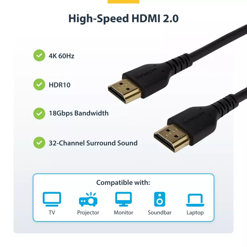 StarTech.com 1,5m schlank HDMI 2.0 Kabel, flexibles Premium-zertifiziertes HDMI-Kabel mit Ethernet, UHD 4K 60Hz HDR10, robustes Aramidfaser-Design mit TPE-Mantel