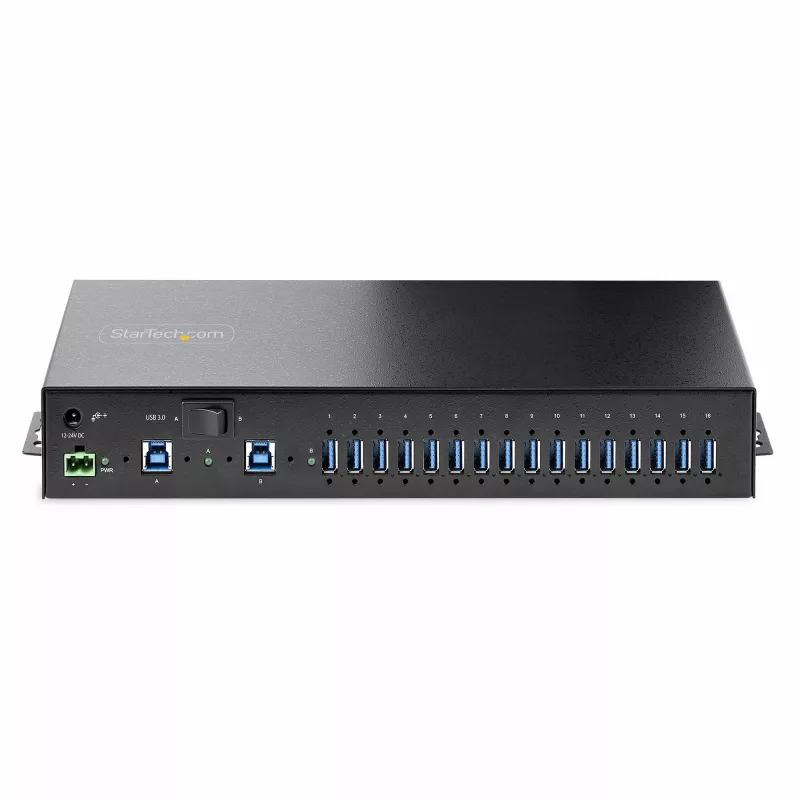 StarTech.com 16-Port Industrial USB 5Gbps Hub mit Netzteil, Metallgehäuse, montierbar, ESD-Schutz, Klemmleisten-Stromversorgung, USB-Ladefunktion, Dual-Host-Umschalter – TAA